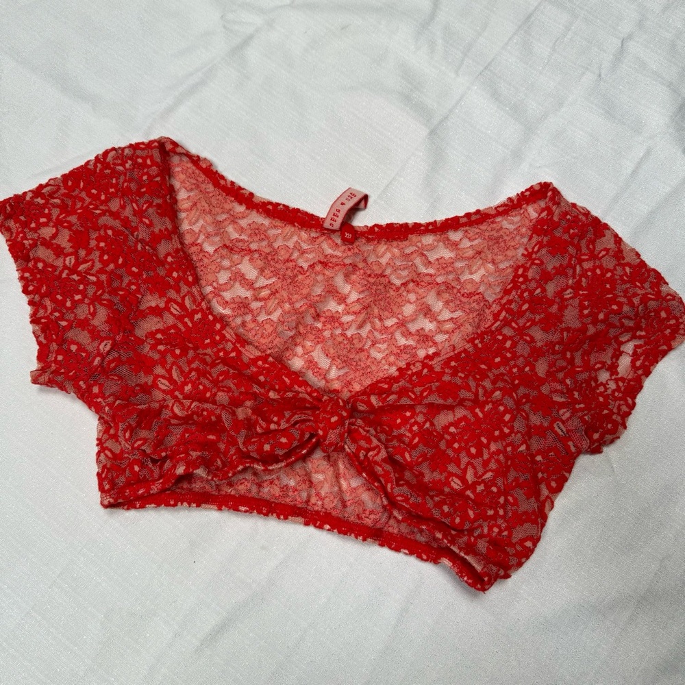 Red lace halter top sheer tie front coral small festival